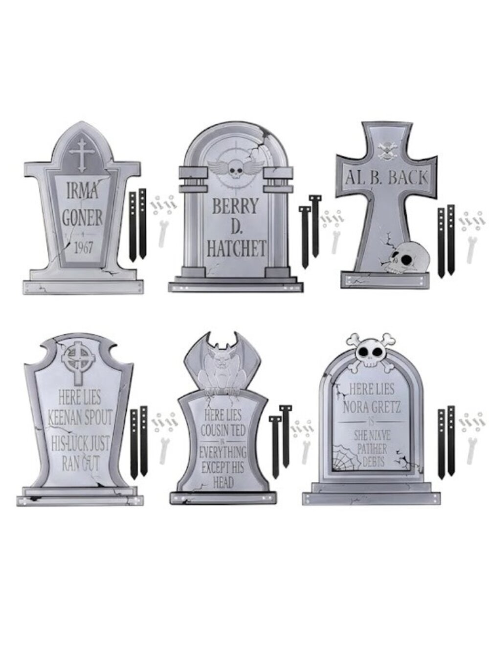 Halloween Yard Decor 3D Metal Cemetery Tombstones Set of 6 Headstones 16 inch